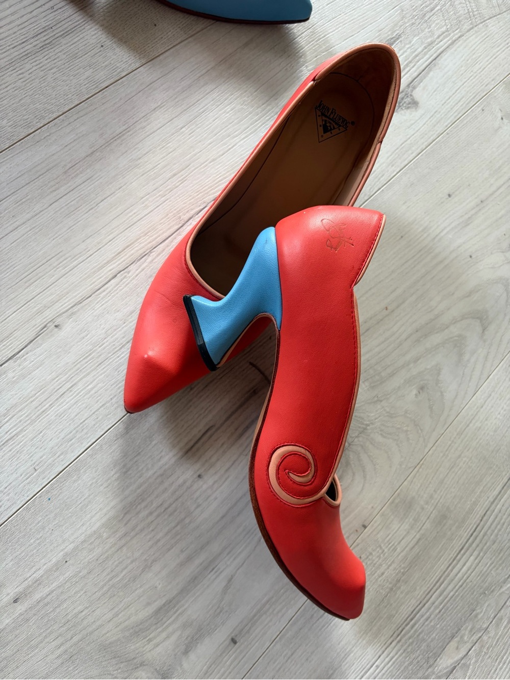 John Fluevog Red Pointed-Toe Heels with Blue Sculpted Heel